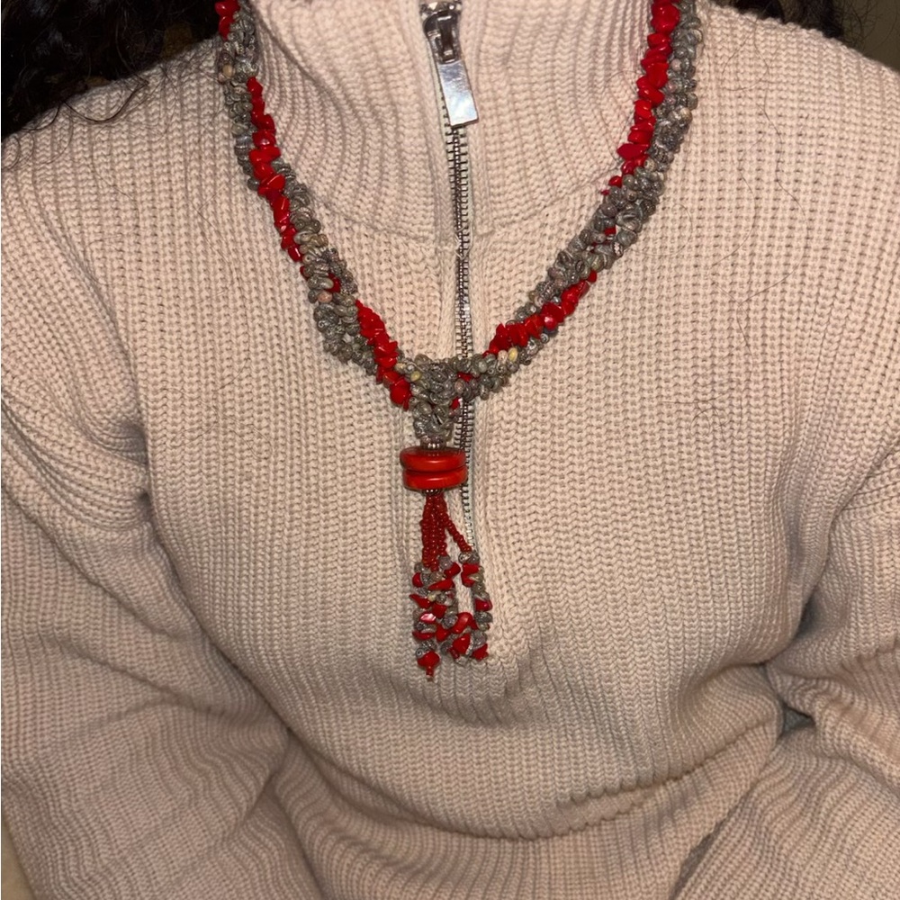 Red corral and Gray corral  Beaded Necklace
